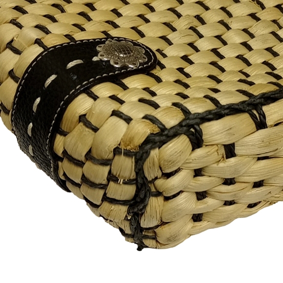 🌼 BRIGHTON TAN / NATURAL WICKER / STRAW BASKET BAG WITH BLACK LEATHER TRIM - Picture 15 of 16